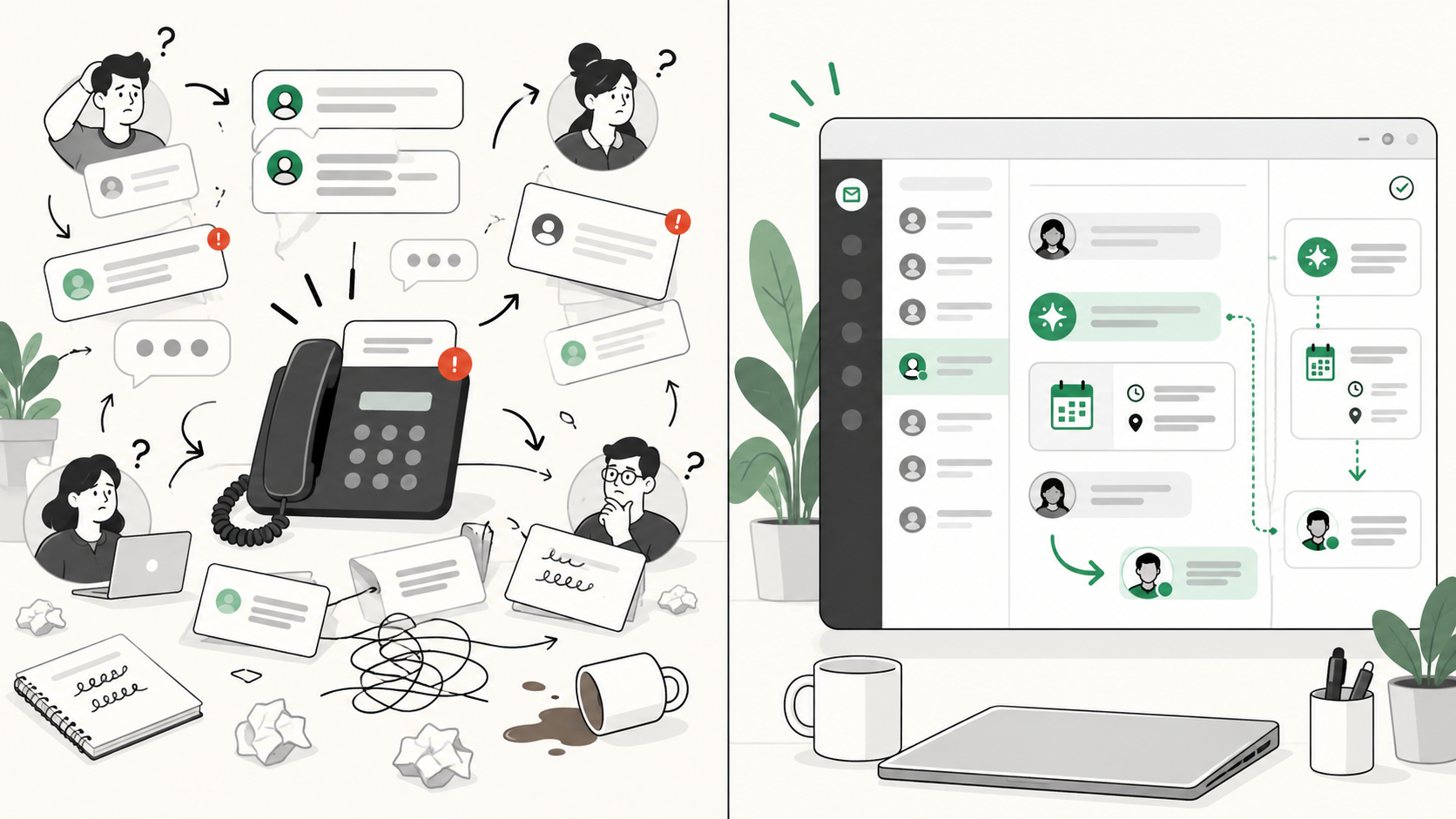 Scattered customer messages and unclear ownership compared with an organized shared inbox and automated workflow.