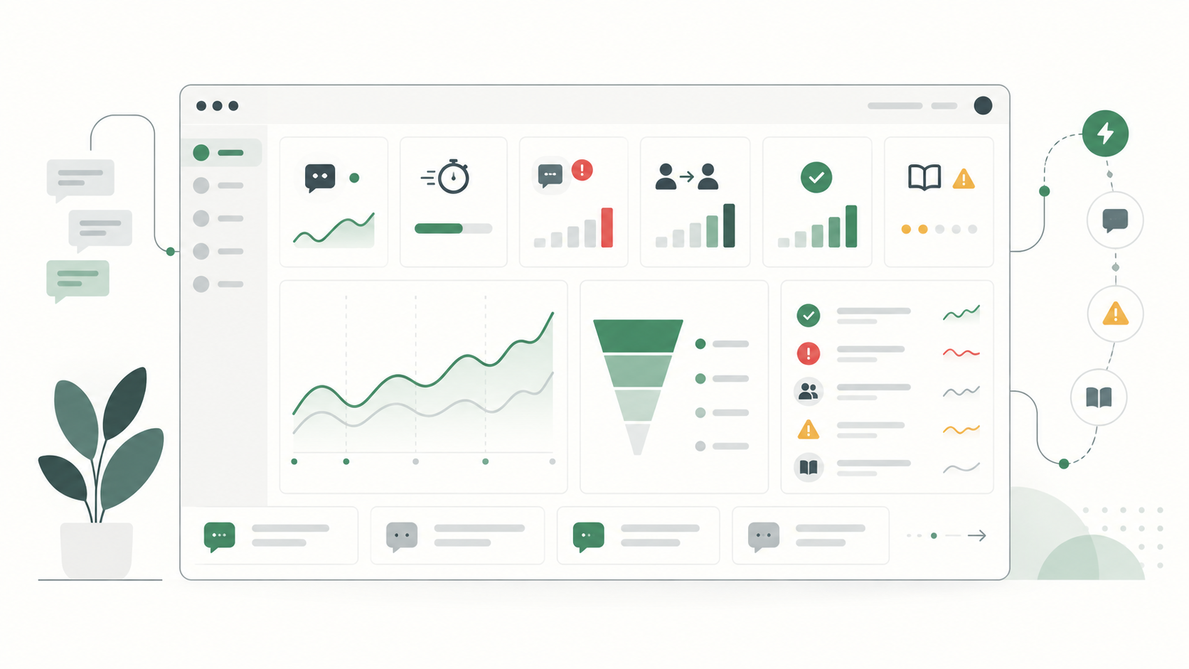 Small-business support dashboard tracking response speed, missed conversations, handoffs, successful actions, and knowledge gaps.